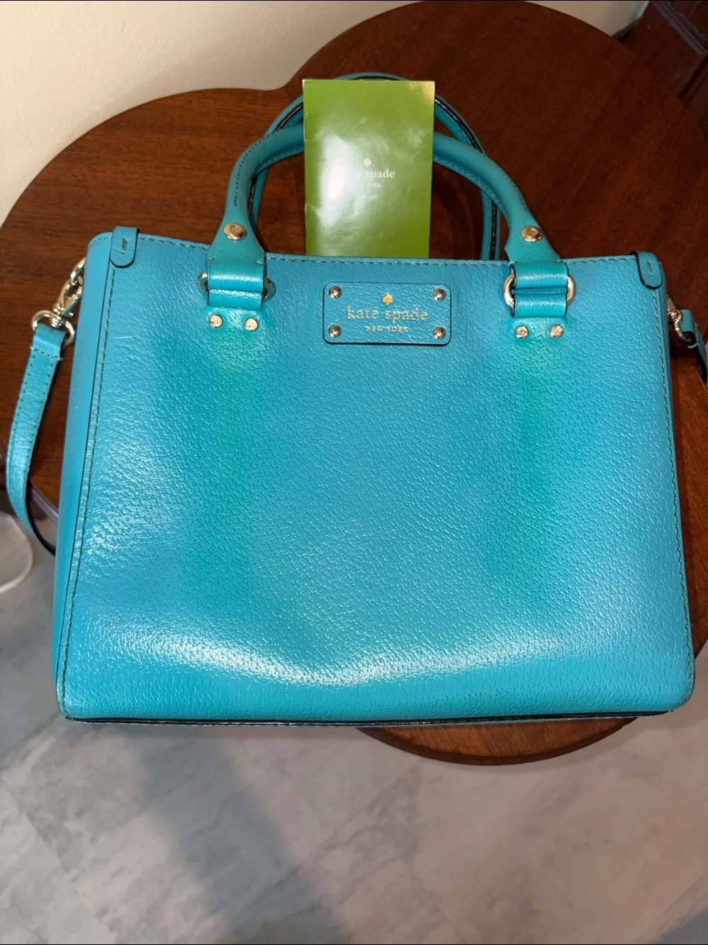 kate spade crossbody bag  satchel  Leather turquoise 3 compartment  gold tone